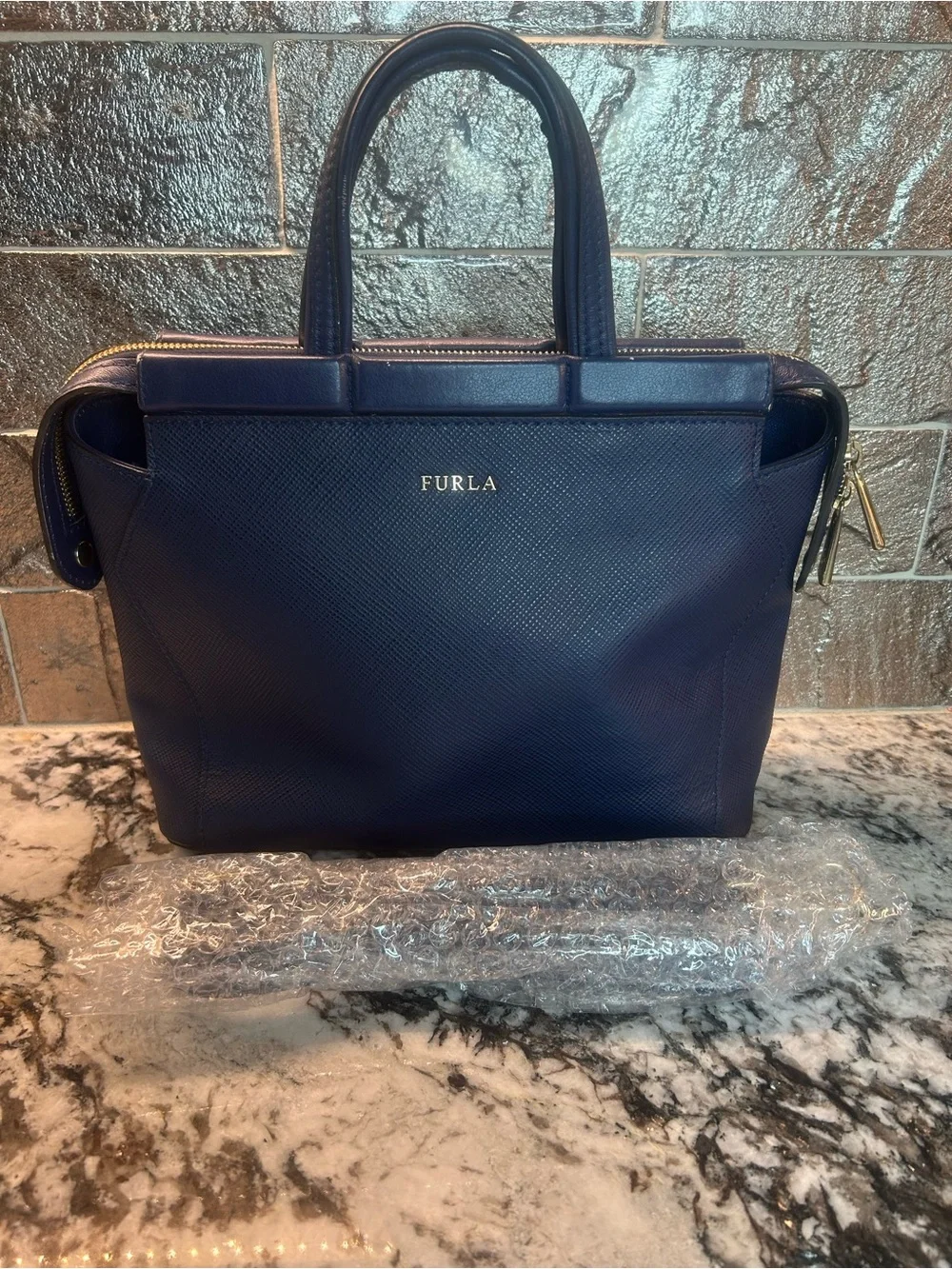 Furla Navy Textured Leather 2 way bag NWOT